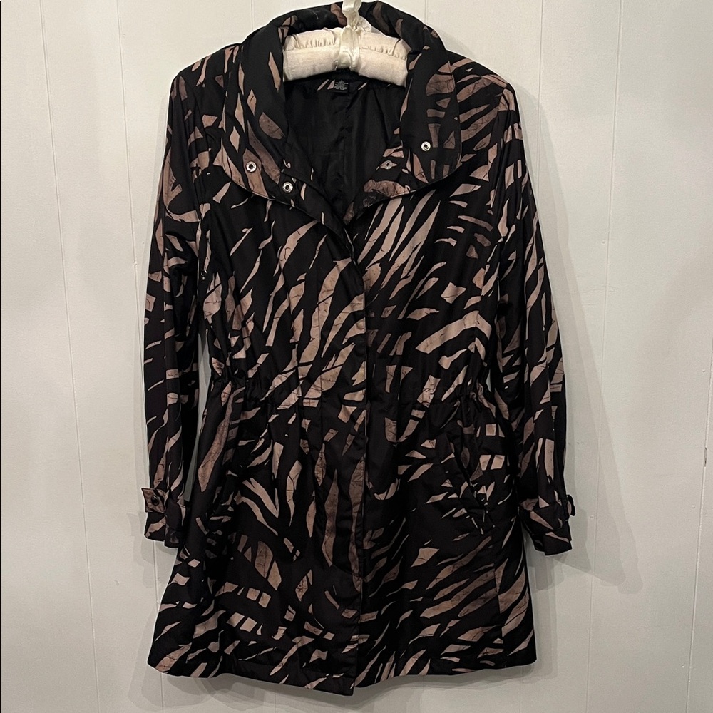 Alfani Black Hooded Coat with Taupe Abstract Print Size L